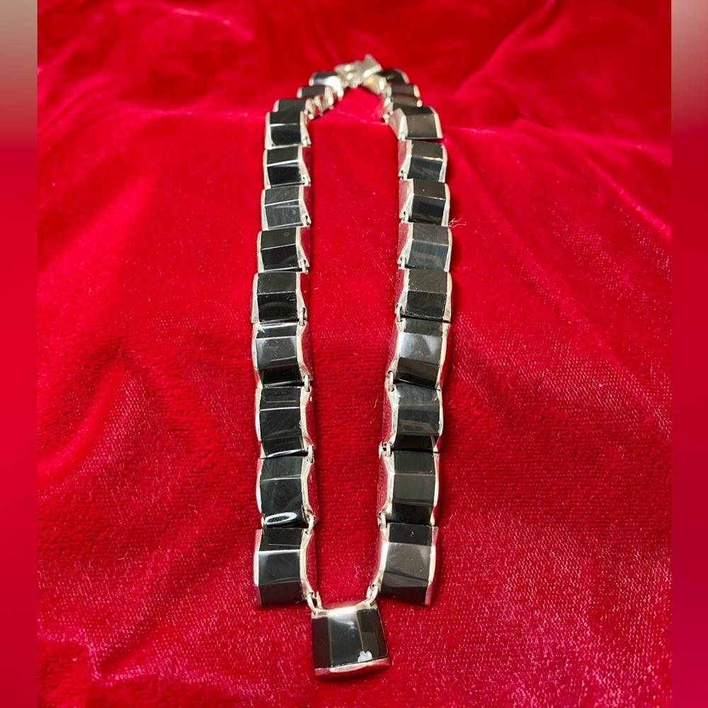 Vintage Mexican Sterling Silver and Onyx Link Necklace 14” from clasp to clasp